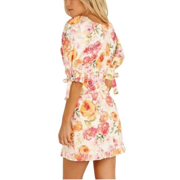 For Love & Lemons Julep Mini Dress Linen Blend Floral Deep V Size M - Picture 4 of 12